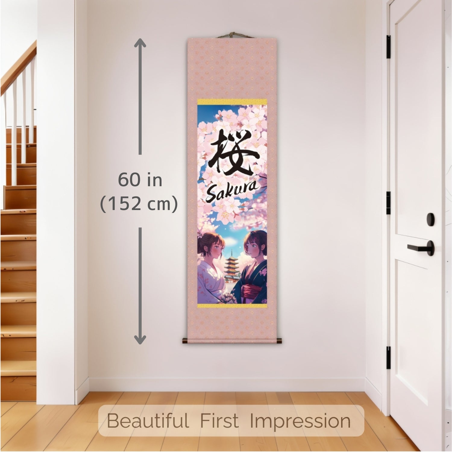 Japanese Anime Sakura Kakemono Wall Scroll – Kimono Women with Pagoda